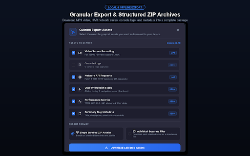 RecBug Extension :: Capture HD bug recordings, console logs, and network telemetry to create and export complete bug reports to your issue tracker.