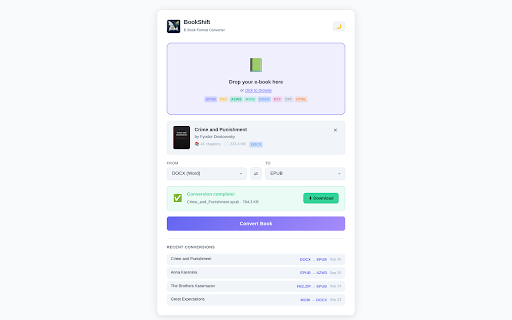 BookShift – E-Book Converter :: Convert e-books between popular formats, including Kindle, right in your browser. Fully offline: your books stay on your device.