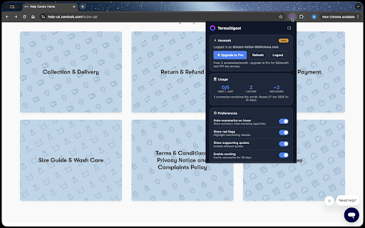 TermsDigest :: Understand Terms & Conditions instantly. Hover over legal links to get AI summaries highlighting costs, cancellation, and red flags.