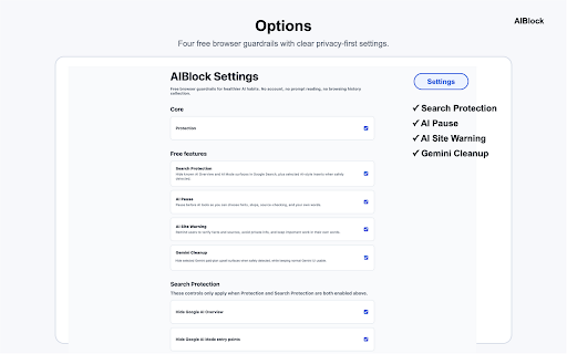 AIBlock: Hide AI Overviews & Pause AI :: Hide Google AI Overviews, clean up selected Workspace AI entry points, and pause before common AI tools. Free, local, no account.