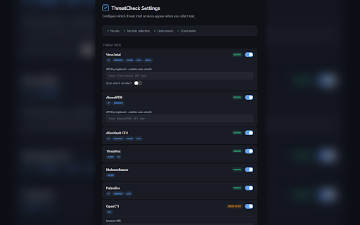 ThreatCheck :: Select any IOC on any web page to look it up across 29 threat intel platforms. Bulk extraction. API enrichment.