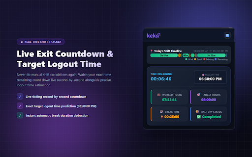 Keka Work Hours Logger :: Calculates effective work hours, remaining time, break duration, and target exit time for Keka HR portal.