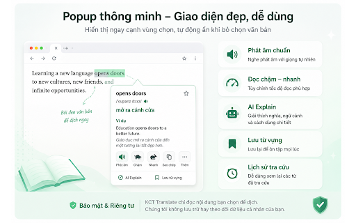 KCT Translate :: Dịch nhanh văn bản được chọn, phát âm, lưu từ vựng, lịch sử tra cứu và AI Explain cho người Việt học ngoại ngữ.