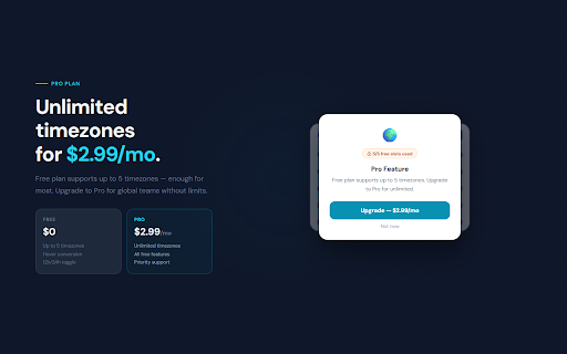 TimezoneHelper — World Clock for Remote Teams :: Display multiple time zones as a live clock popup. Add custom cities, convert meeting times... | Not affiliated with Anthropic, PBC.