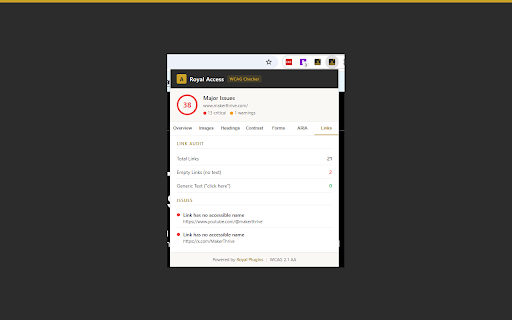 Royal Access Accessibility Checker :: Instant WCAG accessibility audit. Alt text, contrast, headings, ARIA, keyboard navigation, and more. Free, no account needed.