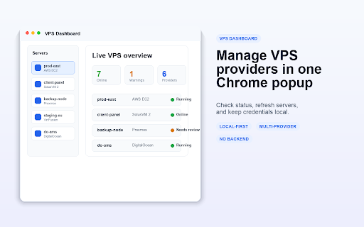 VPS Dashboard — Multi-Provider VPS Manager :: Manage VPS servers across multiple providers — status, resources, power actions, and expiry reminders in your browser sidebar.