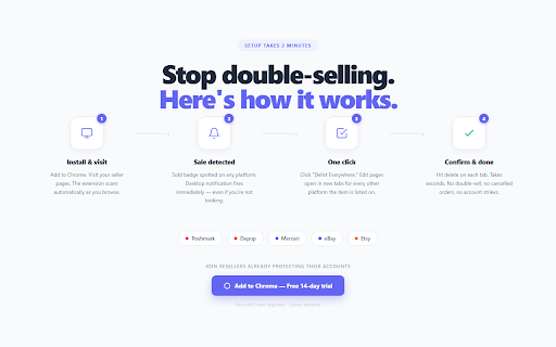 Reseller Sync - Auto Delist & Inventory Sync :: Automatically delist sold items across Poshmark, Depop, Mercari, eBay, Etsy. Prevent double-selling and account bans.