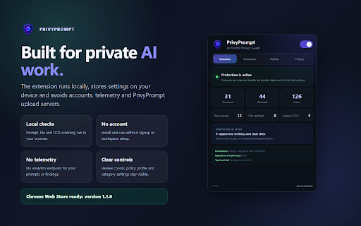PrivyPrompt - AI Prompt Privacy Guard :: Stop API keys, passwords, and sensitive data from being sent to AI tools. Local scanning, no account, no telemetry.