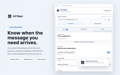 GPTMail - Temporary Email :: Create GPTMail temporary addresses, monitor inboxes, and fill email fields on demand.
