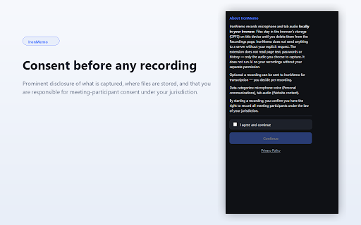 IronMemo: Free Audio Recorder & Transcribe Meetings & AI Notetaker :: Free audio recorder + optional cloud transcription. 10 free minutes/account. Records mic + tab audio. No bot in the call.