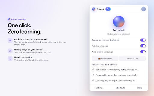 SaySo AI: Dictation & Voice Typing Anywhere :: AI voice typing and read aloud for any website. Dictate emails, messages & prompts, and hear any text in a natural voice.