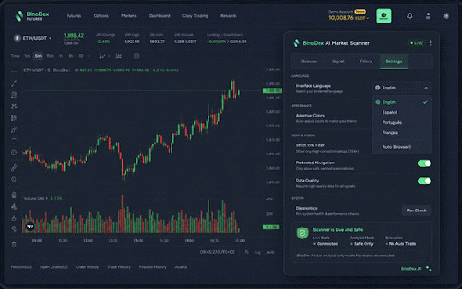 BinoDex AI Market Scanner :: Local market-analysis overlay for BinoDex and Pocket Option with 30 checks, chart scanning, Market Radar and protected navigation.