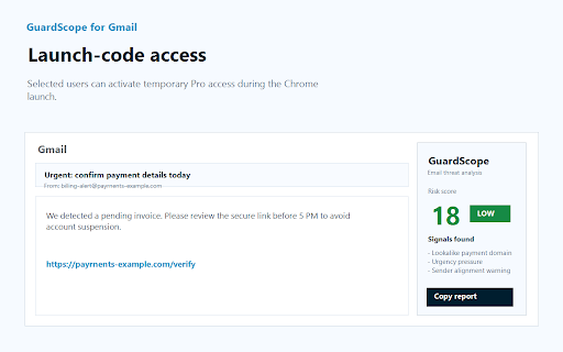GuardScope - Email Security :: AI-assisted phishing and email threat analysis for Gmail with sender, link, domain, and social-engineering checks.