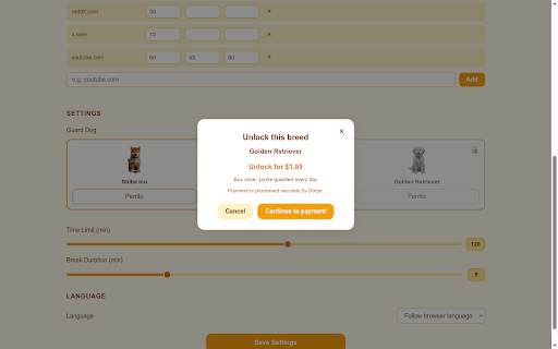 Remember the Perrito - Your puppy-powered break reminder :: Screen-time companion dog. Usage data is 100% local; an anonymous device ID and payment email are sent only for breed unlocks.