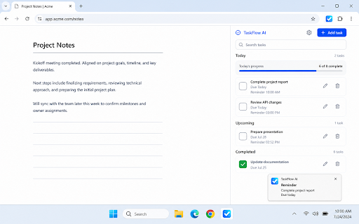 TaskFlow AI - Smart Task Manager :: Task manager and to-do list for Chrome with reminders, due dates, task search, quick capture, and a focused Side Panel.