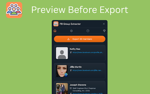 FB Group Extractor :: Export Facebook Group members to CSV, Excel, or JSON. Easy data scraper for lead generation, marketing, and research.