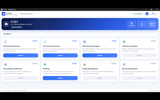 GAIA — GST Artificial Intelligence Assistant :: GAIA — Professional GST automation agents. Downloading,Invoices Assist,Filing agents. By SurensInffotek.