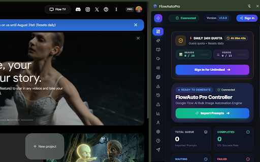 FlowAuto Pro - Bulk Generator for Flow AI :: Bulk AI image and video generator for Google Flow with multi-tab parallel engine, auto download, and smart prompt automation.