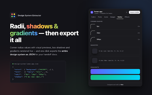 Design System Extractor :: Inspect any website and extract its design system — colors, fonts, icons, images, corner radii, shadows and gradients.