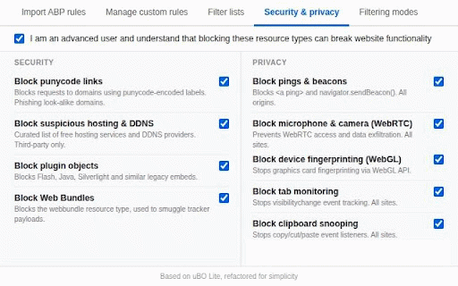 uBol-stripped :: Blocks ads and trackers using AdGuard Filters. Based on uBlock Origin Lite, refactored for simplicity.