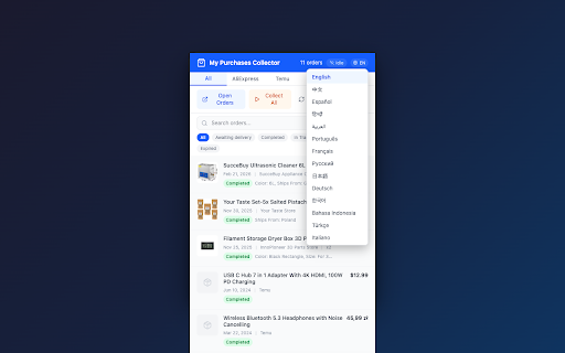 My Purchases Collector :: Automatically collect and export your AliExpress, Temu, Allegro, and Amazon orders to CSV, JSON, HTML, or clipboard.