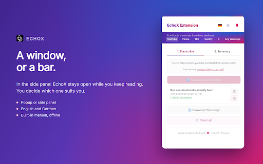 EchoX - Video, Podcast & Web Transcripts, AI Summaries :: Transcripts from videos, podcasts, talks, posts and web pages - summarized with your own AI key.