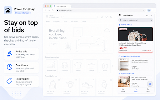 Rover — eBay Watchlist & Auction Tracker :: eBay watchlist tracker with live auction countdowns, tags, and a clean Chrome side panel. Free, no ads.