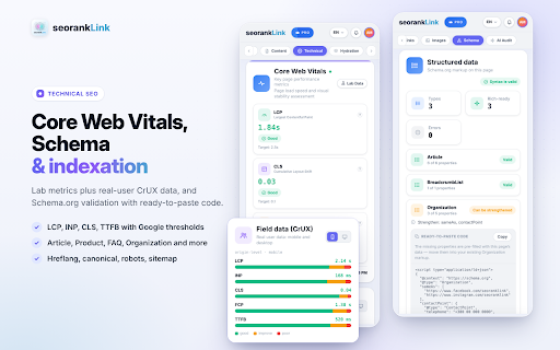 SEO Checker & AI Overview Audit — SEORANKLINK :: Free on-page SEO checker with AI fixes: AI Overview readiness, Core Web Vitals, Schema, hreflang & indexation — in your browser.