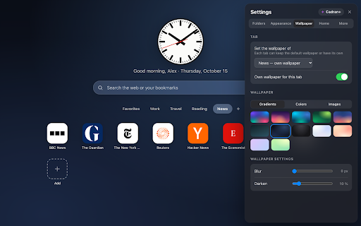 Cadran — Speed Dial for your bookmarks :: A Safari / Vivaldi-style New Tab page: your bookmark folders as icon grids, with a customizable wallpaper.