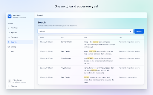 Whispifys — AI transcripts for Microsoft Teams :: Turns Microsoft Teams calls into searchable transcripts by reading the call's own live captions. No bot joins your meeting.