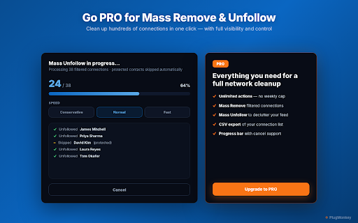 Connection Remover Pro for LinkedIn - Bulk Remove & Unfollow :: Clean up your LinkedIn network. Bulk remove connections, mass unfollow to declutter your feed. Filter by title, company, date.