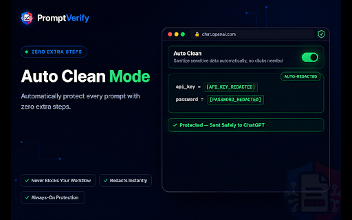 PromptVerify – Verify Sensitive Data Before You Send :: Automatically verify prompts and files for API keys, passwords, tokens, and other sensitive data before they reach AI. 100% local.