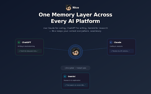 Nico — AI Memory & Prompt Enhancement :: Chat folders and context across major AI platforms (ChatGPT, Claude, Gemini, DeepSeek, Perplexity) and one-click prompt enhancement.