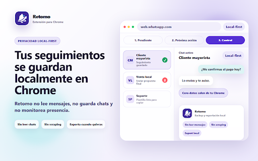 Retomo – Seguimiento de clientes en WhatsApp Web :: Seguimiento de clientes en WhatsApp Web: recordatorios, notas, etiquetas y plantillas para que no se te caiga ningún pendiente.