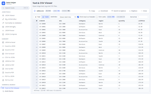 Data Helper Toolkit :: JSON, CSV, Excel and PDF tools: view, edit, format, compare, convert, escape and search — all offline in your browser.