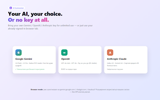 Smart AI Summarizer :: Fast AI summaries for videos, articles, and PDF documents. Works with popular AI models. Chat with the summarized content.