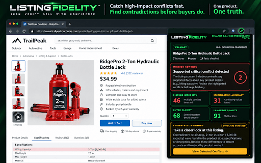 Listing Fidelity Scanner :: Checks product listings for factual conflicts and flags image copy and source-truth verification as unverified.