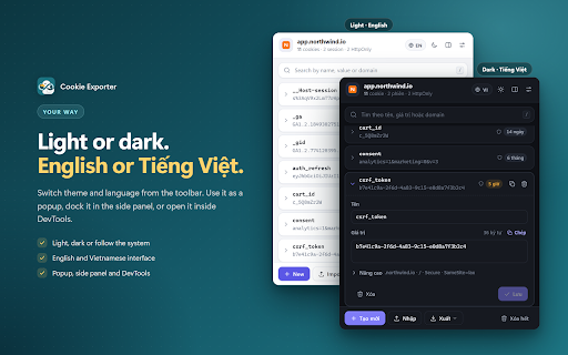 Cookie Exporter :: View, edit, import and export cookies for the current site. Supports JSON, Netscape (cookies.txt) and Cookie header formats.