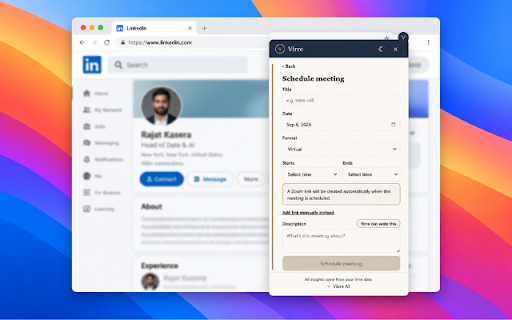 Virre AI :: Virre AI sidebar for LinkedIn — sign in, see if a profile is already a connection, and act on it.