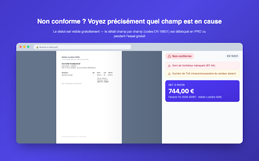 Inspecteur Factur-X :: Inspectez, validez et exportez vos factures électroniques Factur-X, ZUGFeRD et XRechnung directement dans Chrome.