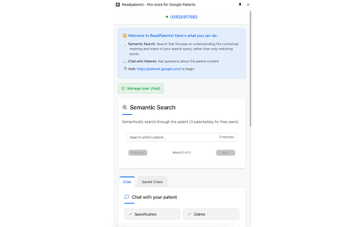 Pro Tools for Google Patents by Readpatents :: Streamline prosecution with AI chat and semantic search.
