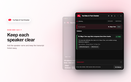 YouTube Lens - AI Fact Checker :: Fact check YouTube videos as you watch with AI transcription, live web evidence, clear verdicts, timestamps, and source links.