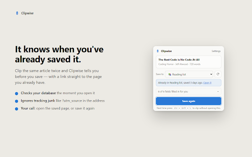 Clipwise — Notion Web Clipper: Save & Clip Articles to Notion :: Save any article or web page to your Notion database in one click. Free, no login, no account — keeps the whole article intact.