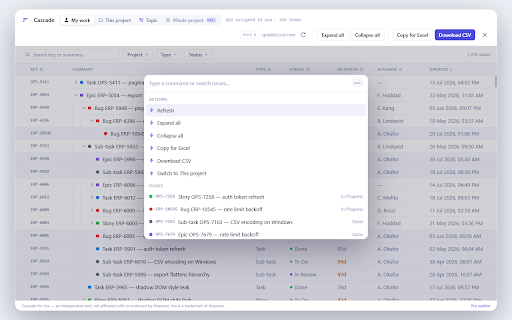 Cascade for Jira :: See your Jira work as a tree, triage what changed, and export with the hierarchy intact. No admin install needed.