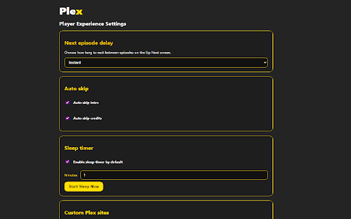 Plex Player Experience :: Custom next episode delay, sleep timer, audio boost and auto skip for intros and credits on Plex Web.