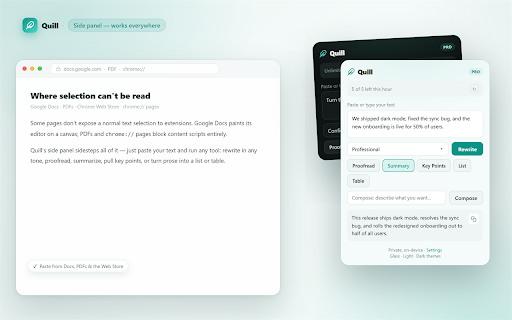 Quill by Tapdot - On-Device AI Writing Tools :: Apple-style writing tools for Chrome. Rewrite, proofread, summarize, and transform text on any page — privately, on-device.