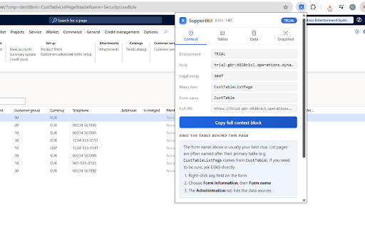 SupportKit for D365 F&O :: The support toolkit for Dynamics 365 F&O. One-click ticket context capture, environment guardian, table browser and OData shortcuts.