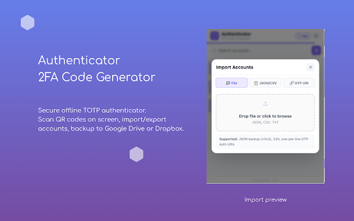 Authenticator – 2FA Code Generator :: Secure offline TOTP authenticator. Scan QR codes on screen, import/export accounts, backup to Google Drive or Dropbox.