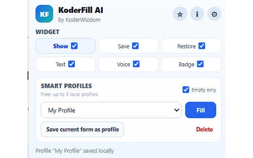 KoderFill AI - Free Features Preview :: Save, restore and fill browser forms with local profiles, recent history and privacy-first controls.