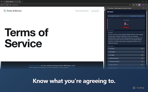 TermPeek — Risk Analyzer for Terms & Privacy :: Risk scores for any Terms of Service, privacy policy, or contract — explained in seconds, before you click Accept.